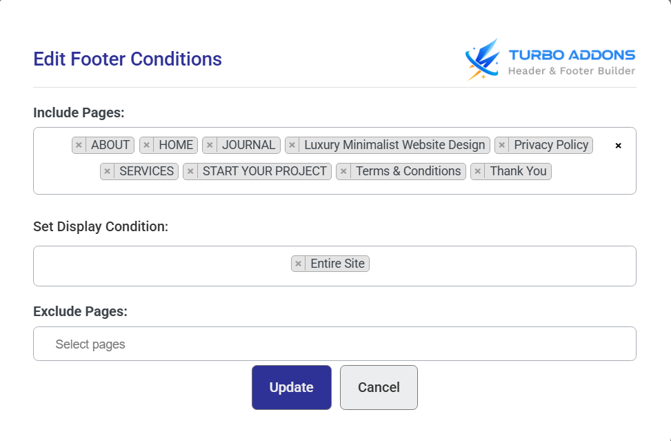 Edit Conditions of Header Footer Builder for Sitewide