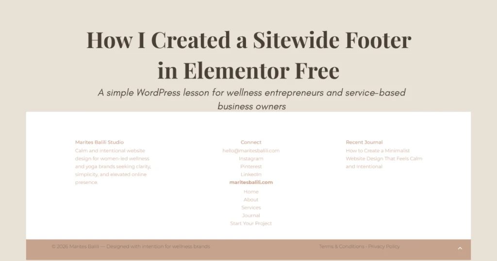 Completed sitewide footer created with Elementor Free for a minimalist wellness website on WordPress.
