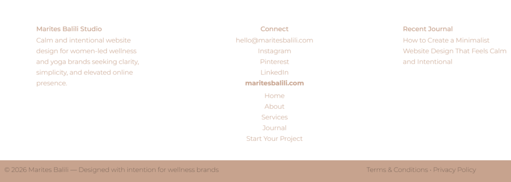 Minimalist sitewide website footer created in Elementor Free using Astra Theme and WordPress.