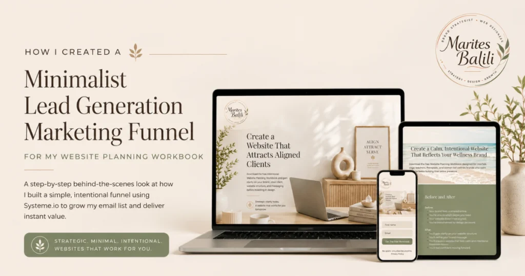 Minimalist lead generation marketing funnel for a website planning workbook created in Systeme.io, featuring desktop, tablet, and mobile mockups for women-led wellness brands.