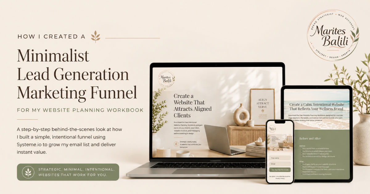 Minimalist lead generation marketing funnel for a website planning workbook created in Systeme.io, featuring desktop, tablet, and mobile mockups for women-led wellness brands.