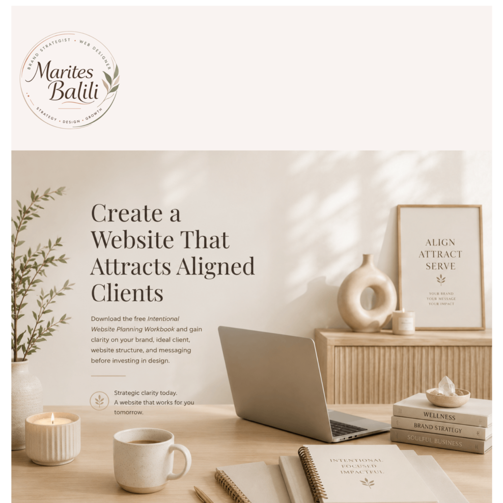 Hero section of a minimalist opt-in page in Systeme.io promoting the Intentional Website Planning Workbook for women-led wellness brands.