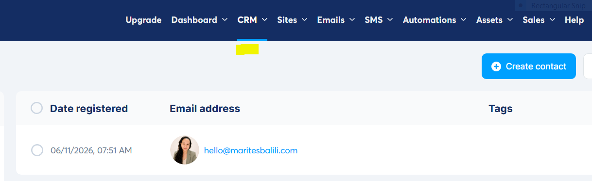 Systeme.io CRM dashboard showing a new contact captured through the Website Planning Workbook lead generation funnel.