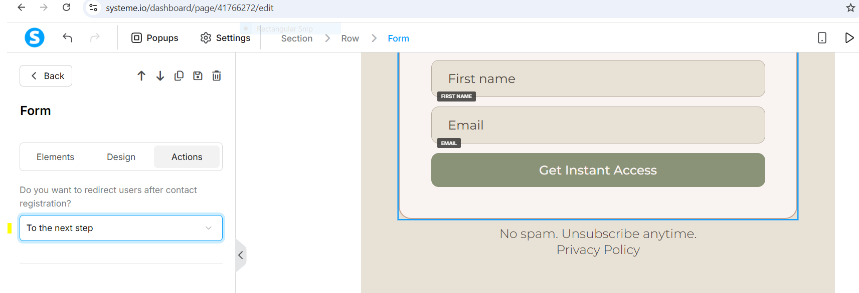 Systeme.io form settings showing the “To the next step” action for the Website Planning Workbook opt-in funnel.
