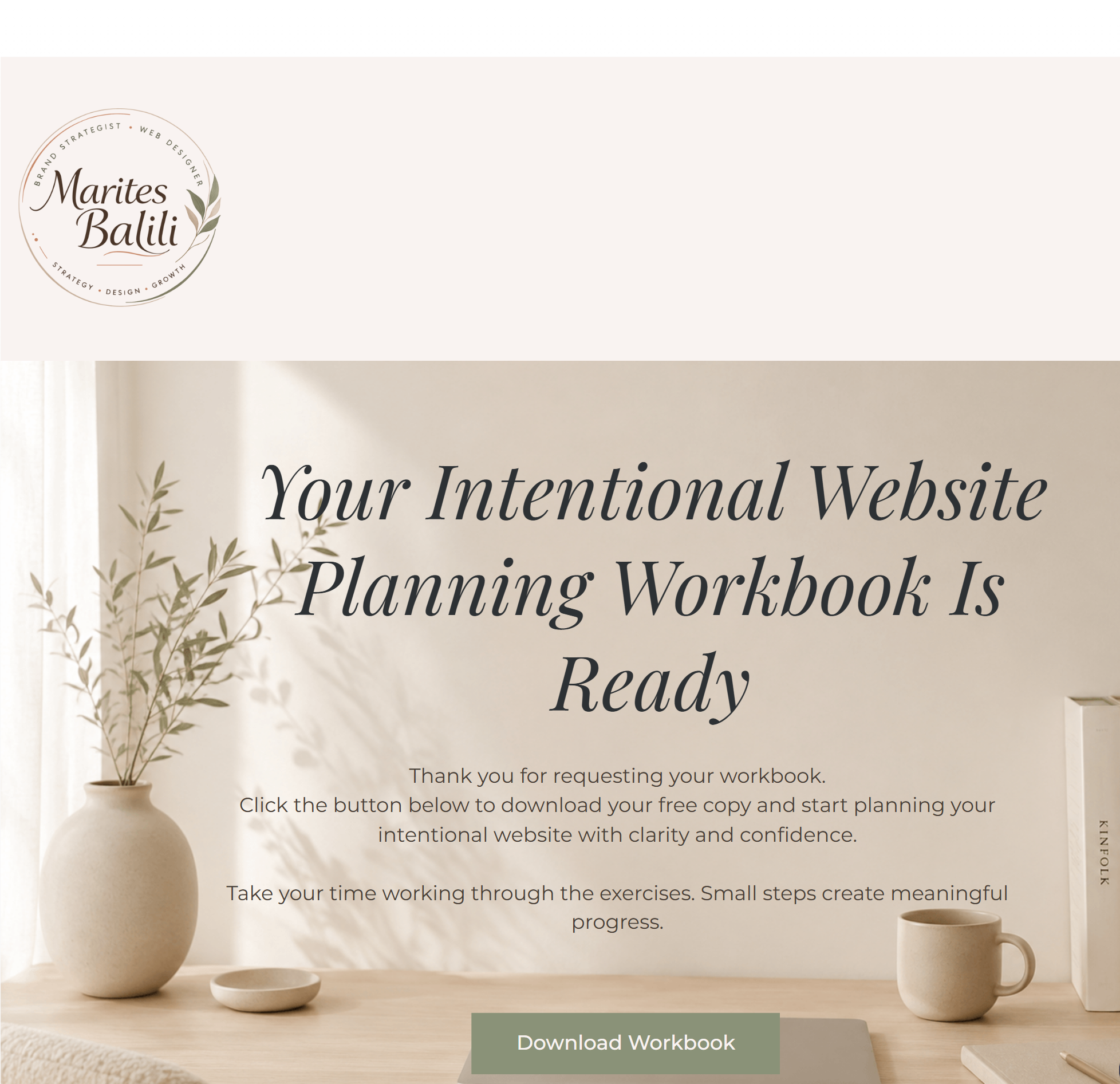 Minimalist thank you page in Systeme.io for the Website Planning Workbook featuring a download button and calming neutral design.