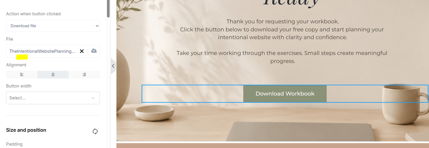 Systeme.io editor showing the download button settings connected to the Website Planning Workbook PDF on the thank you page.