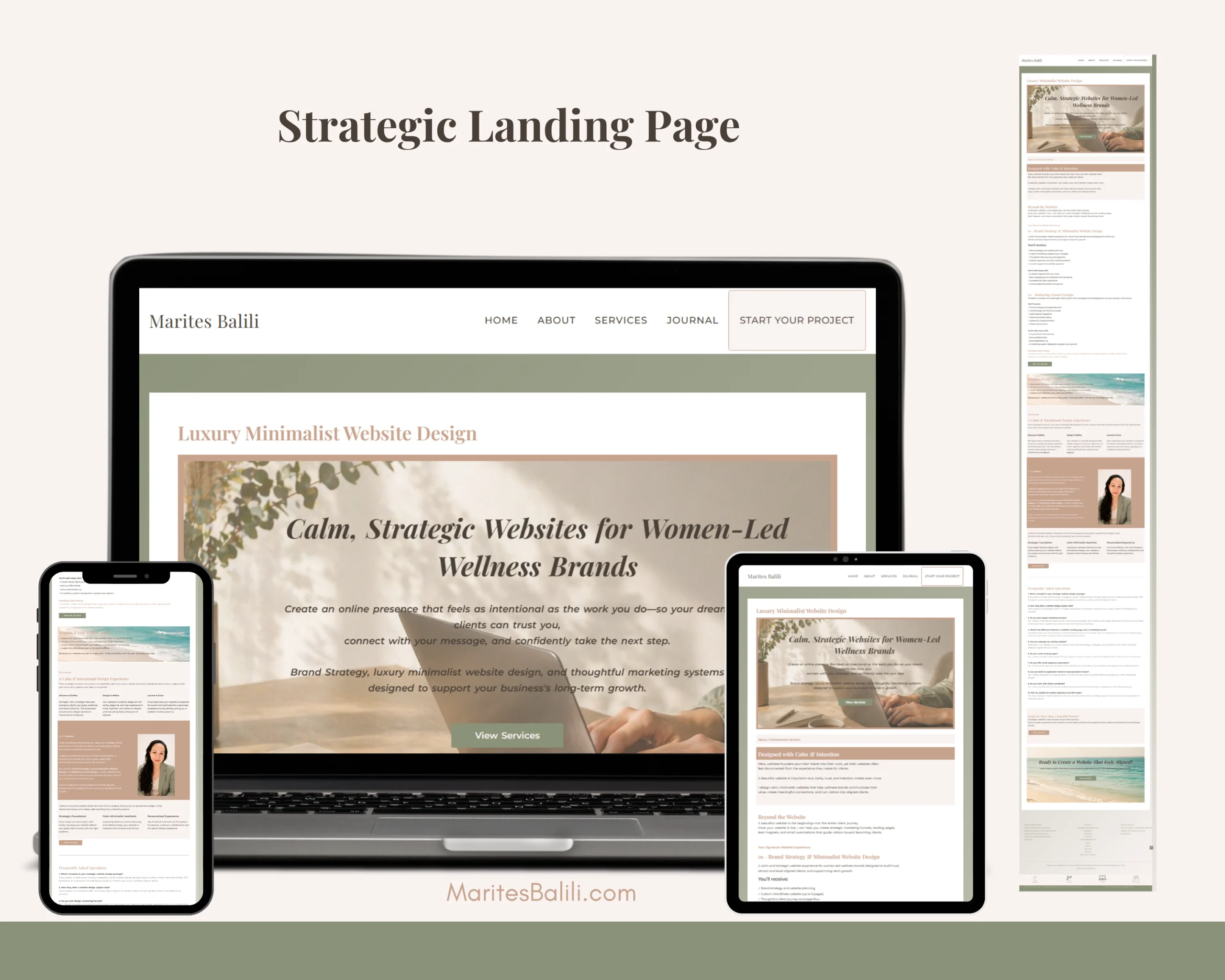 Strategic minimalist landing page design for a women-led wellness brand shown across desktop, tablet, and mobile devices