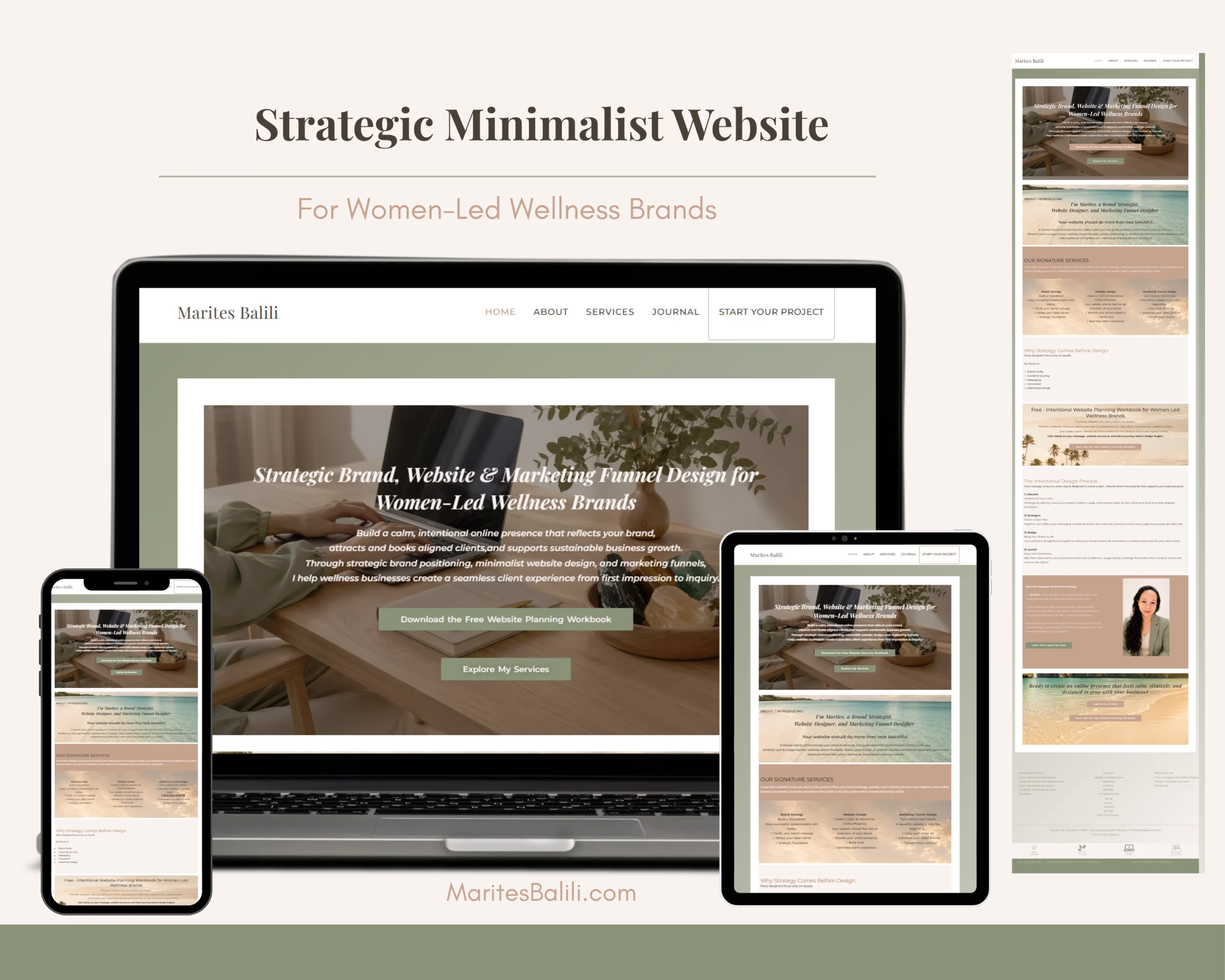 Strategic minimalist website design for a women-led wellness brand shown across desktop, tablet, and mobile devices