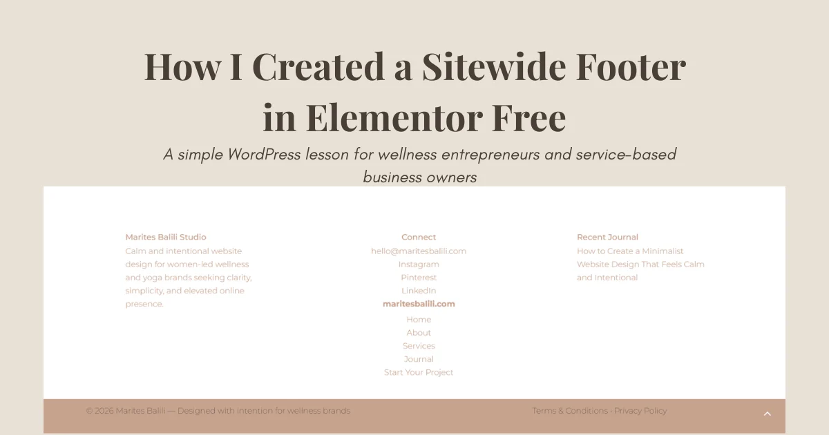 Completed sitewide footer created with Elementor Free for a minimalist wellness website on WordPress.